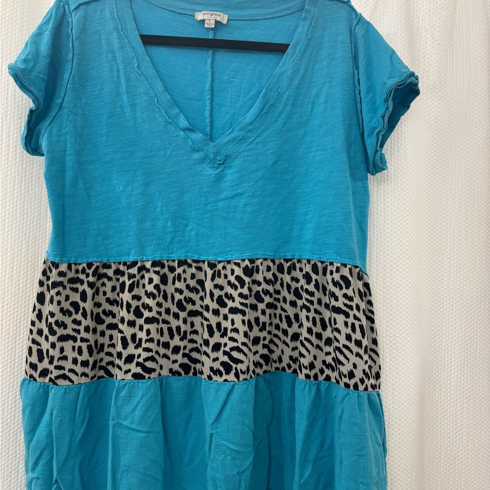 Umgee Turquoise and Leopard Print Short Sleeve Top